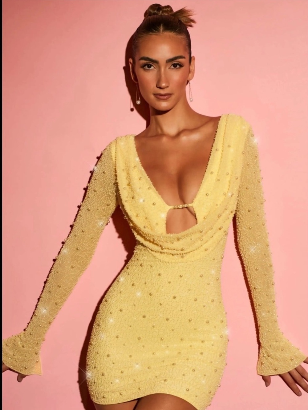 Oh Polly Yellow Pearl Embellished Backless Mini Dress US 4 NWOT